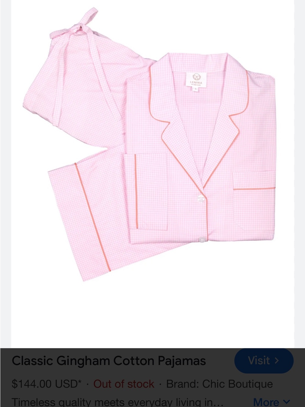 Lenora pink gingham pajama set Sz M